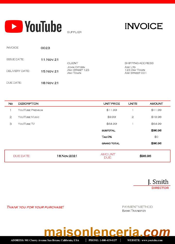 USA Youtube invoice template